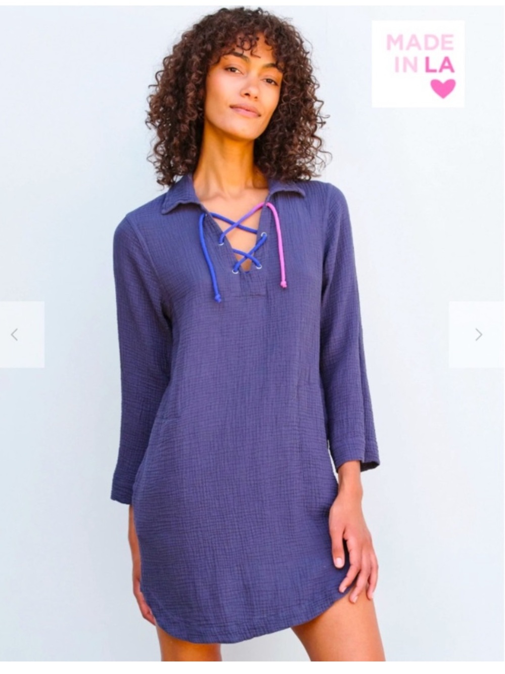 Sundry Lace Up Mini Dress in Cotton Gauze Blue Pockets Size Small